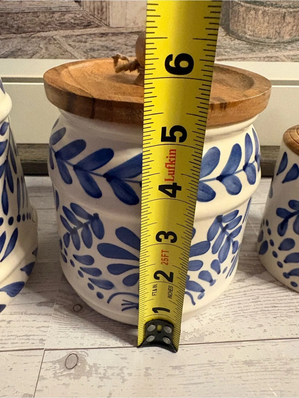 Blue Floral Ceramic Canister set with Wood Lid - White and Blue